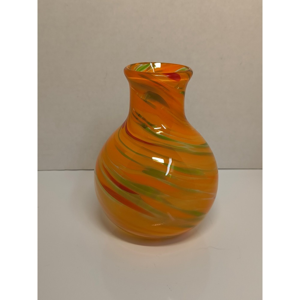 Hand Blown Art Glass Bud Vase Orange Green Red Swirl Round Bulbous 6 inch